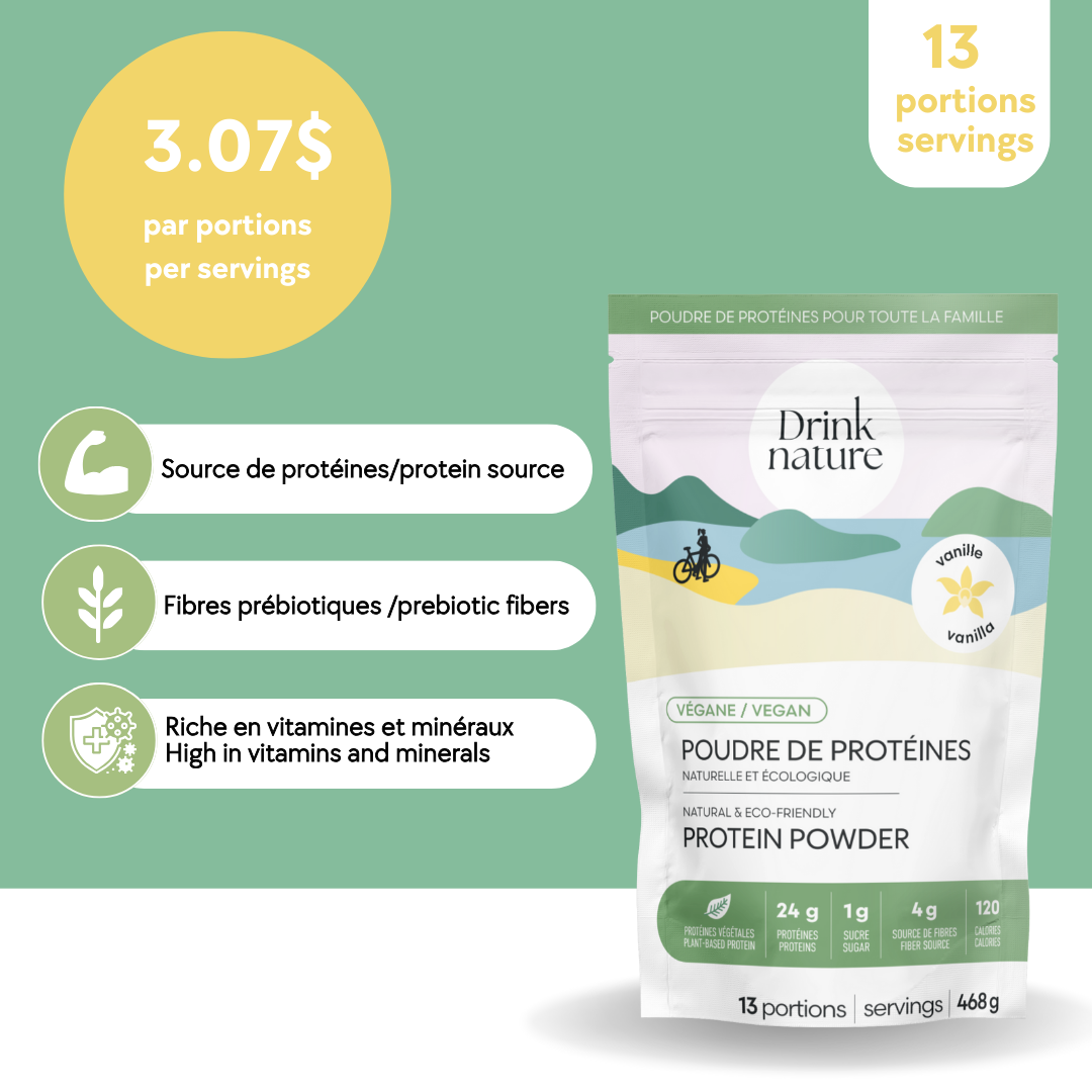 Sac de poudre de protéines véganes à la vanille Drink Nature, affichant 3,07 $ par portion, source de protéines, fibres prébiotiques, riche en vitamines et minéraux.