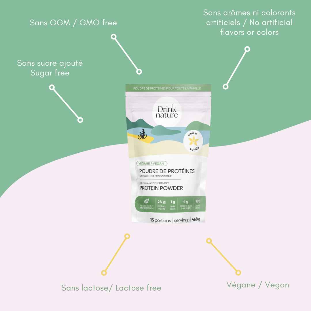 Poudre de protéines véganes à la vanille Drink Nature, sans OGM, sans sucre ajouté, sans arômes ni colorants artificiels, sans lactose.
