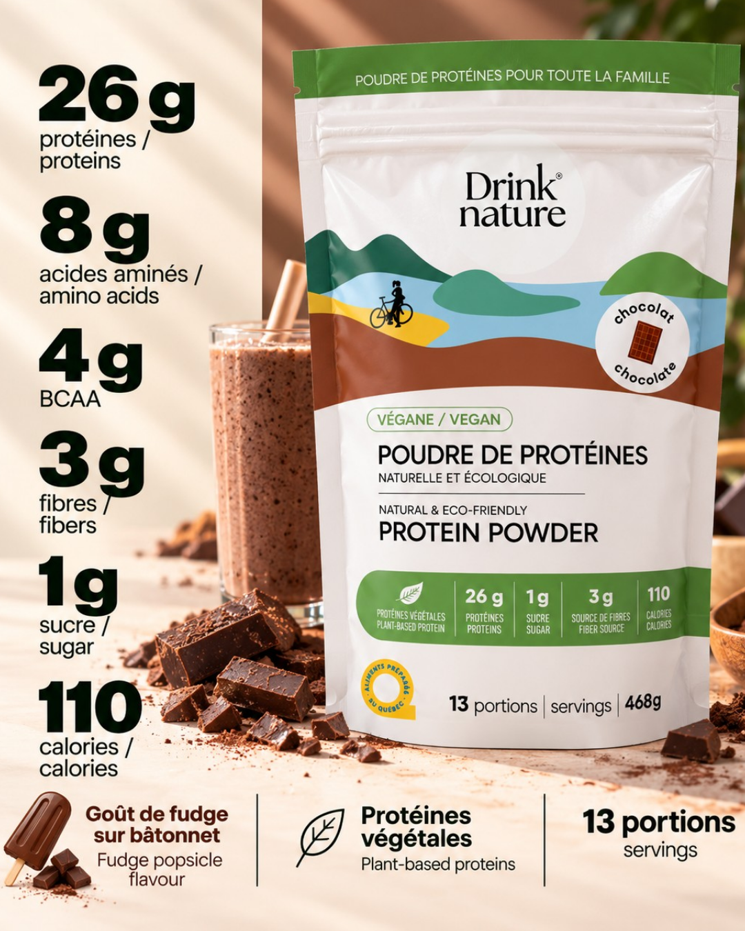 Poudre de protéines au chocolat végane