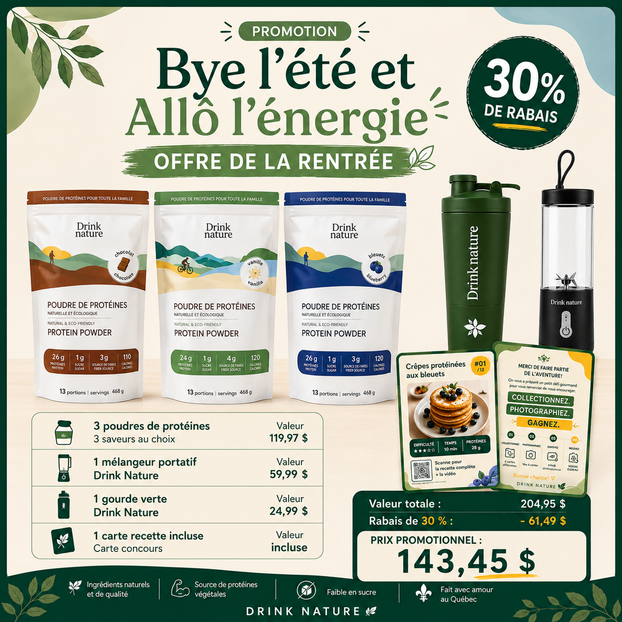 Coffret Énergie Drink Nature — 3 protéines au choix + accessoires | 30 % de rabais