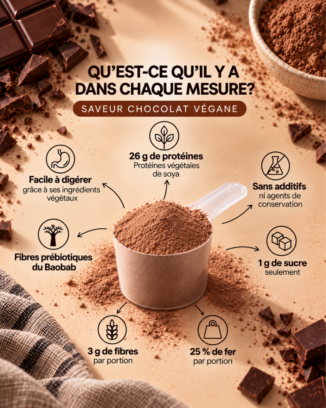 Poudre de protéines au chocolat végane
