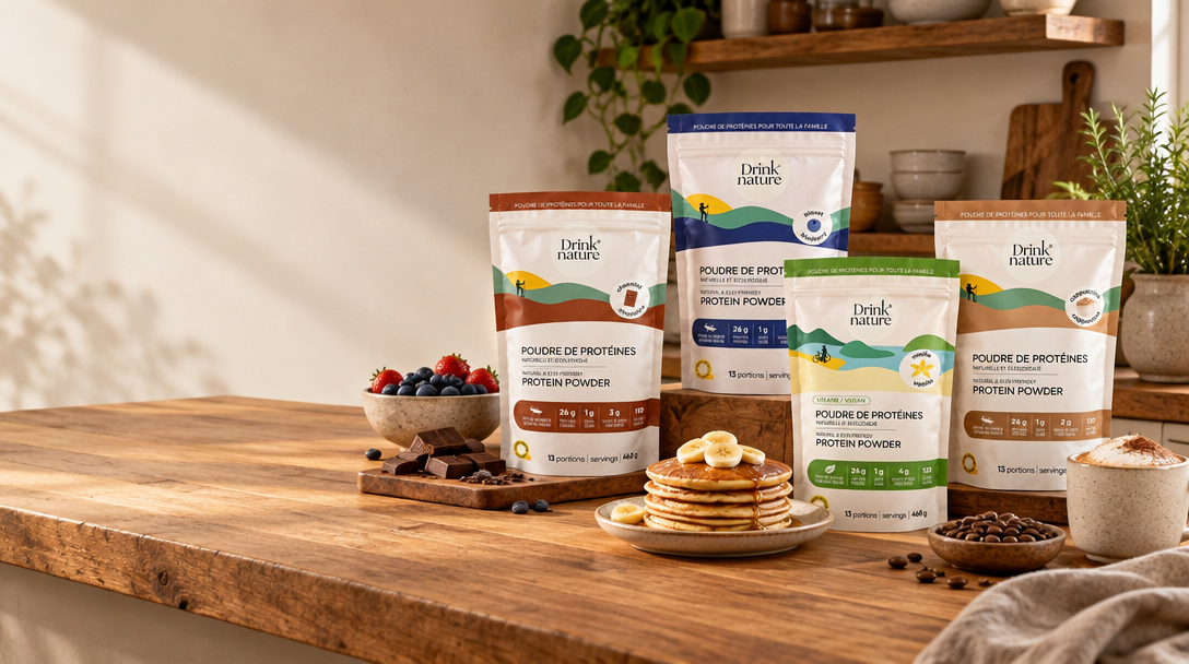 Sacs de poudre de protéines Drink Nature Chocolat, Bleuets, Vanille et Cappuccino sur un comptoir de cuisine en bois avec des crêpes, des petits fruits et un cappuccino