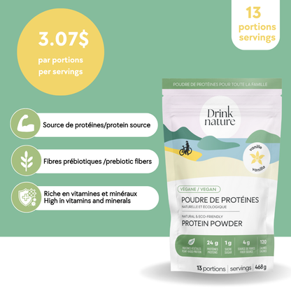 Sac de poudre de protéines véganes à la vanille Drink Nature, affichant 3,07 $ par portion, source de protéines, fibres prébiotiques, riche en vitamines et minéraux.