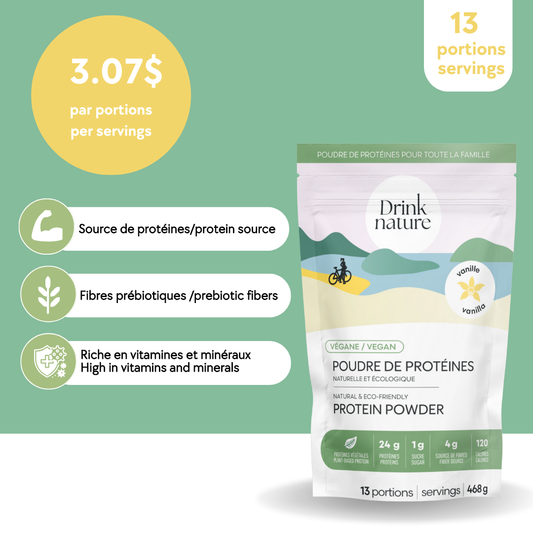 Sac de poudre de protéines véganes à la vanille Drink Nature, affichant 3,07 $ par portion, source de protéines, fibres prébiotiques, riche en vitamines et minéraux.