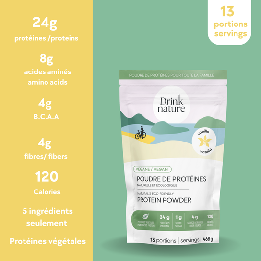 Sac de poudre de protéines véganes à la vanille Drink Nature affichant 24 g de protéines, 8 g d’acides aminés, 4 g de BCAA, 4 g de fibres et 120 calories par portion.