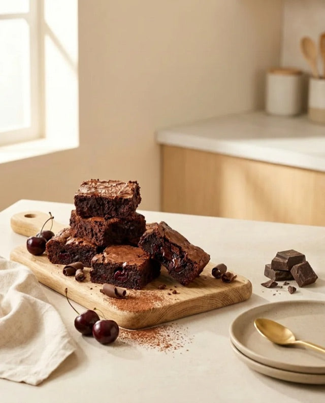Brownies au chocolat et cerises sur une planche